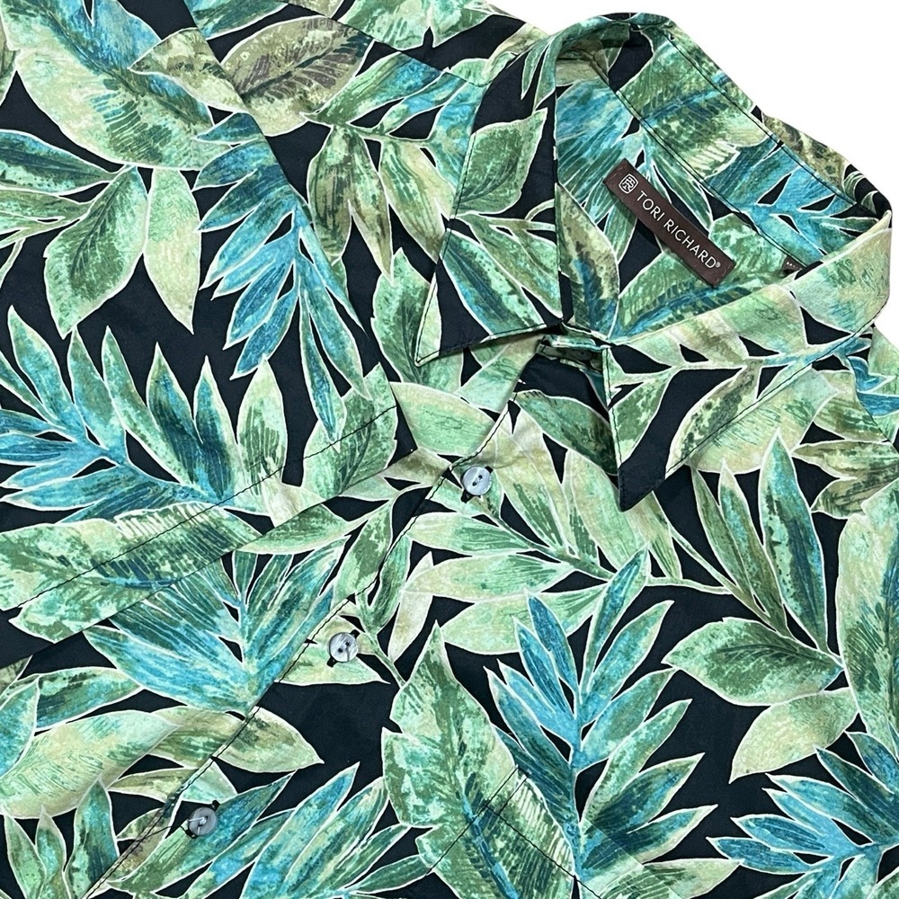 Tori Richard Cotton Lawn Hawaiian Shirt Mens L Green Tropical Palm Fonds Resort